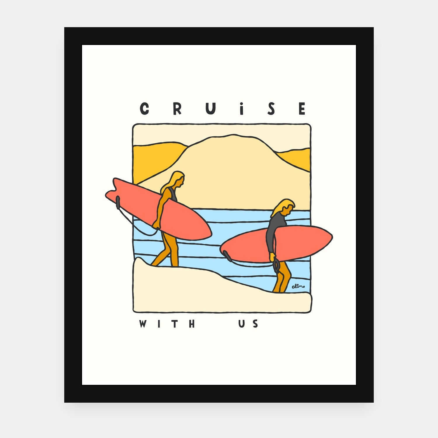 Cruise With Us art print by Alimo in black frame, wave riding scene