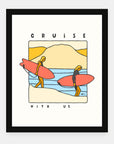 Cruise With Us art print by Alimo in black frame, wave riding scene