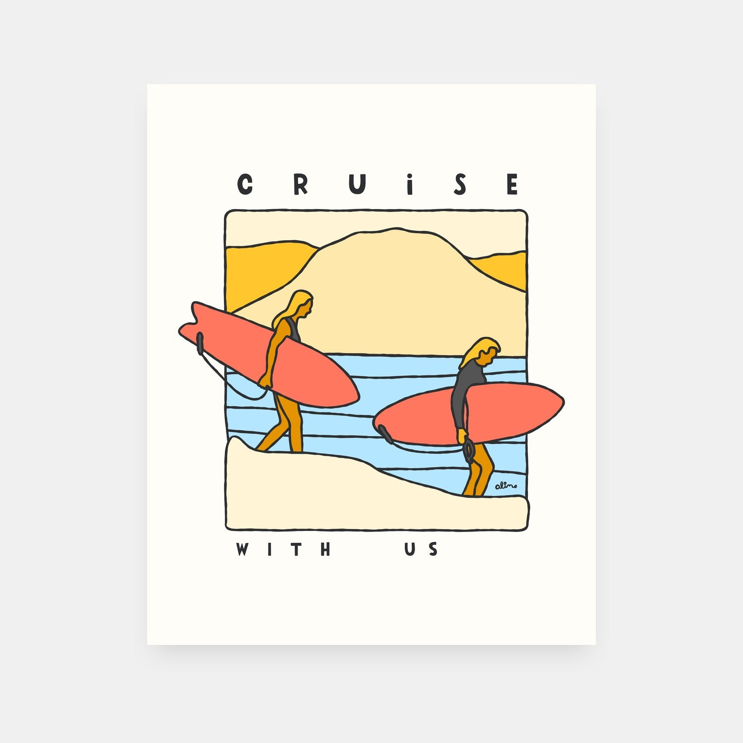 Cruise With Us surf art print by Alimo, colorful ocean adventure scene