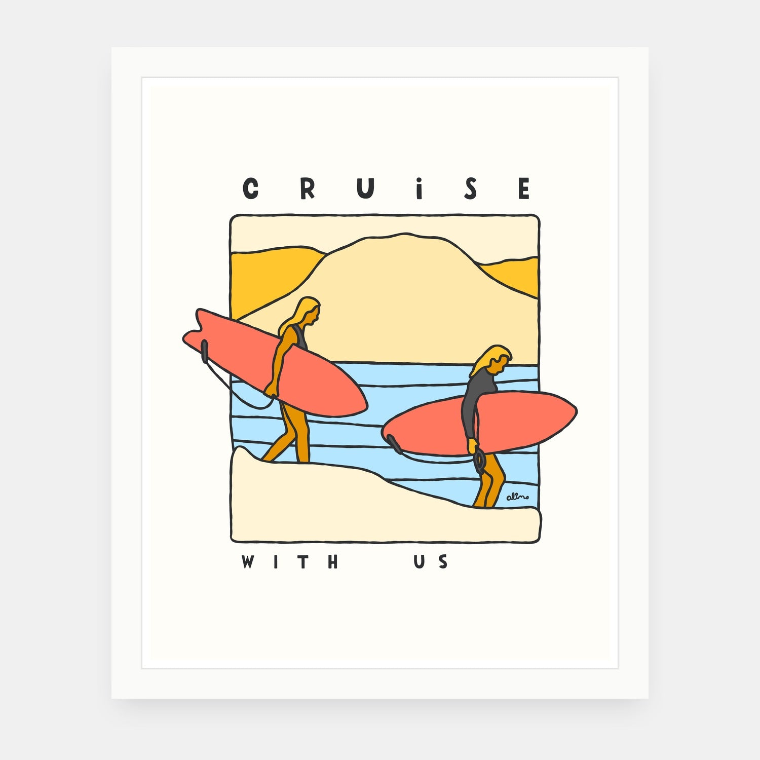Cruise With Us art print by Alimo in white frame, surf cruise illustration