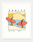 Cruise With Us art print by Alimo in white frame, surf cruise illustration