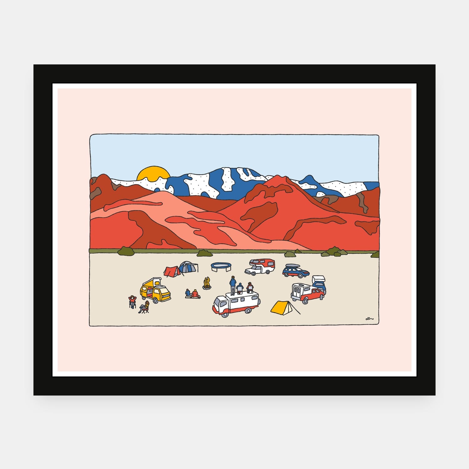 Desert Life art print by Alimo in black frame, nature party scene