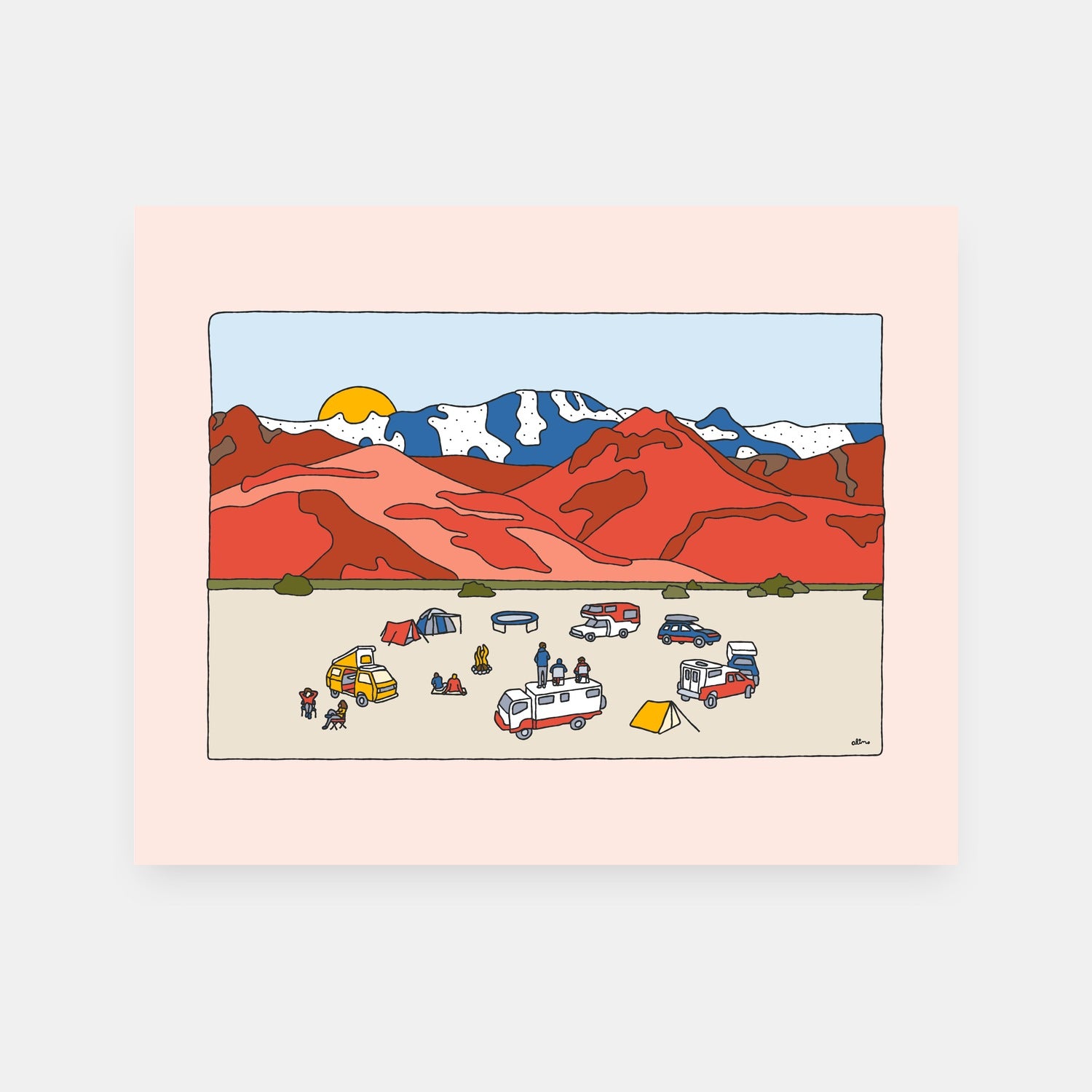 Desert Life outdoor art print by Alimo, colorful desert camping scene