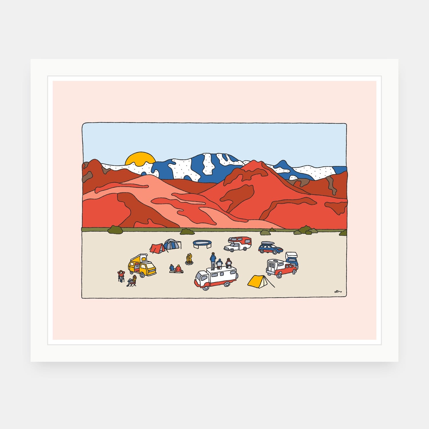 Desert Life art print by Alimo in white frame, desert adventure illustration