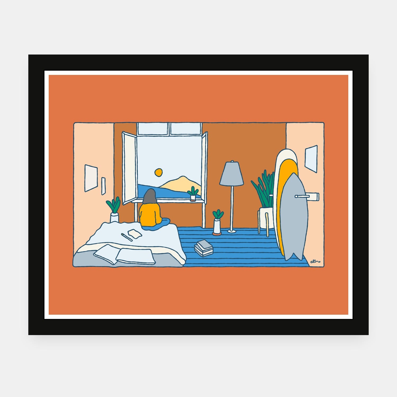 Distance Learning art print by Alimo in black frame, surf education scene