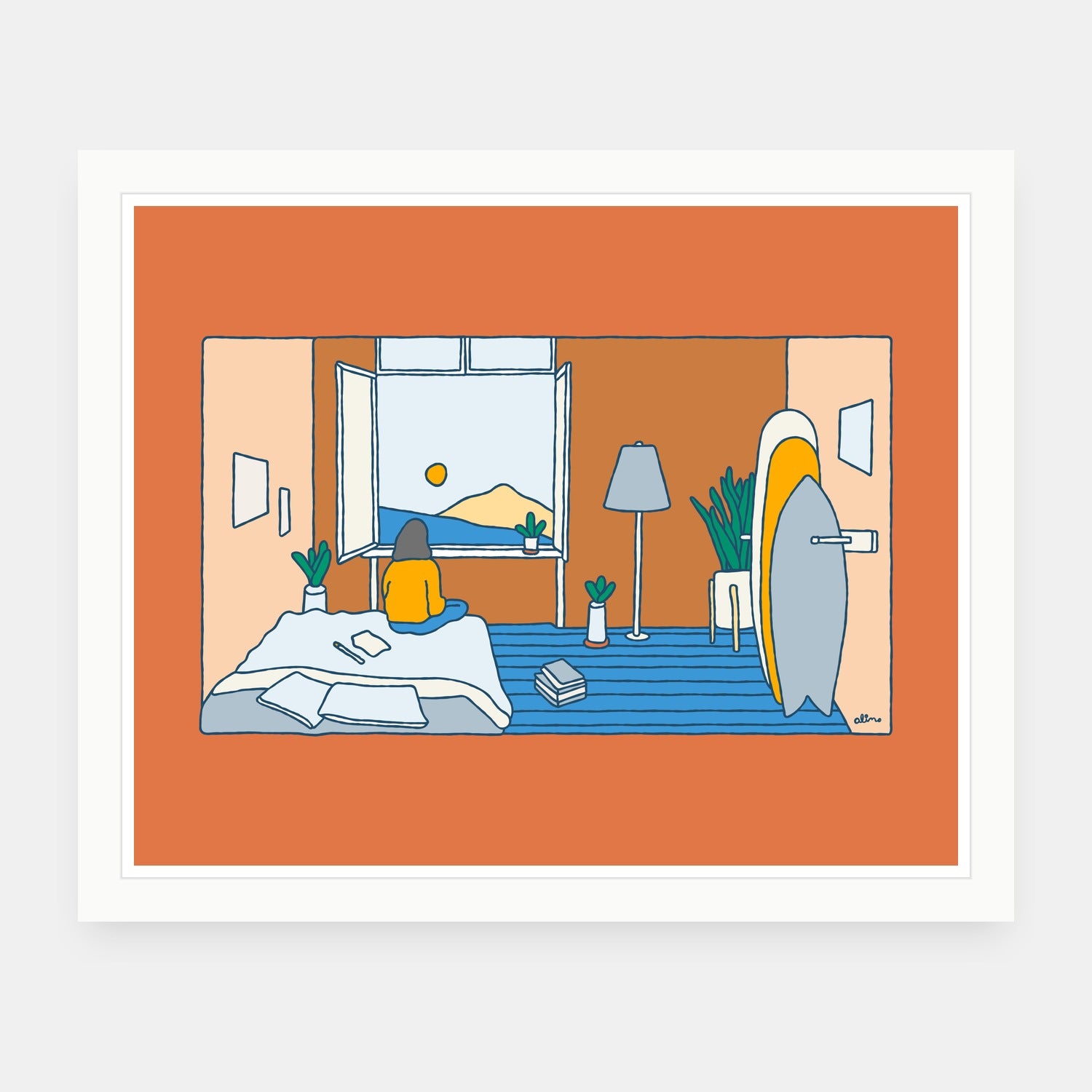 Distance Learning art print by Alimo in white frame, adventure illustration