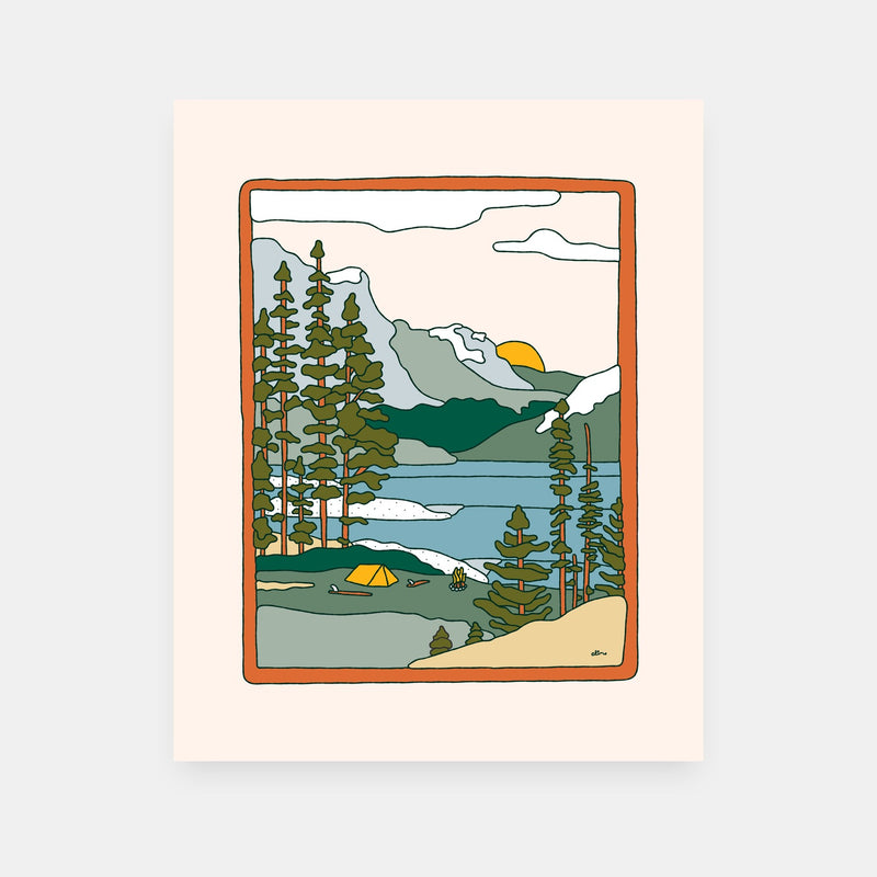 Dreamland camping surf art print by Alimo, beach camp adventure scene