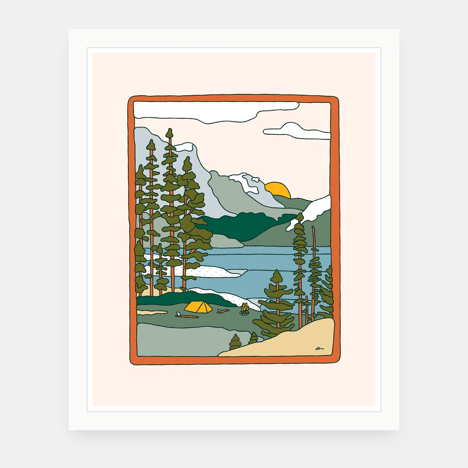 Dreamland art print by Alimo in white frame, surf camping illustration