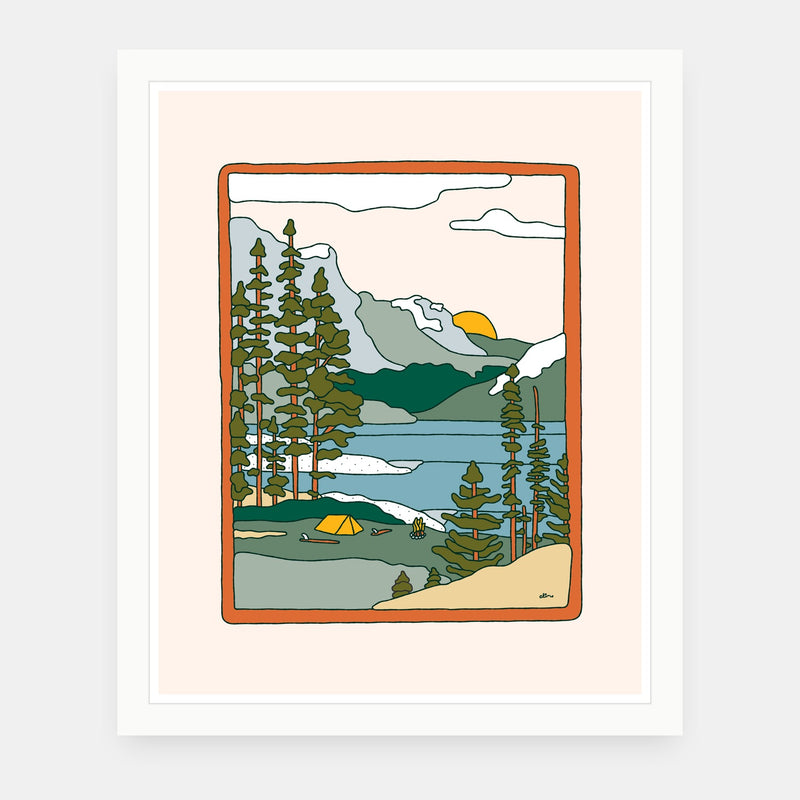 Dreamland art print by Alimo in white frame, surf camping illustration