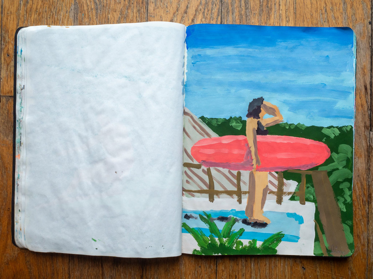 Drop 07 sketch 09 by Alimo in the open Moleskine sketchbook, painted on the right page only: a woman on a balcony holding a pink surfboard and looking out at the trees