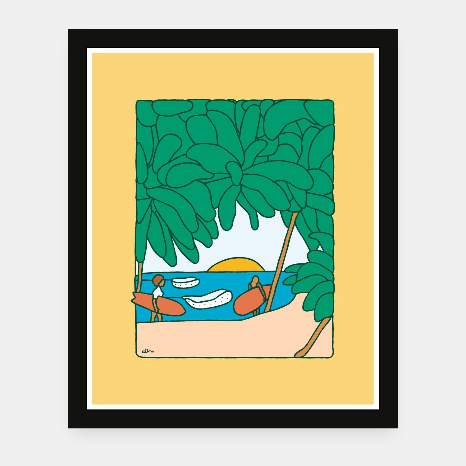 Early Ups art print by Alimo in black frame, dawn patrol wave scene