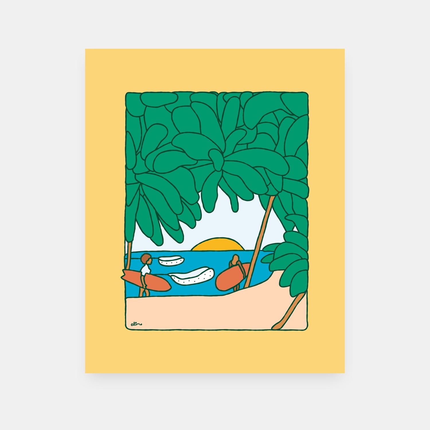 Early Ups dawn patrol surf art print by Alimo, sunrise surfing scene