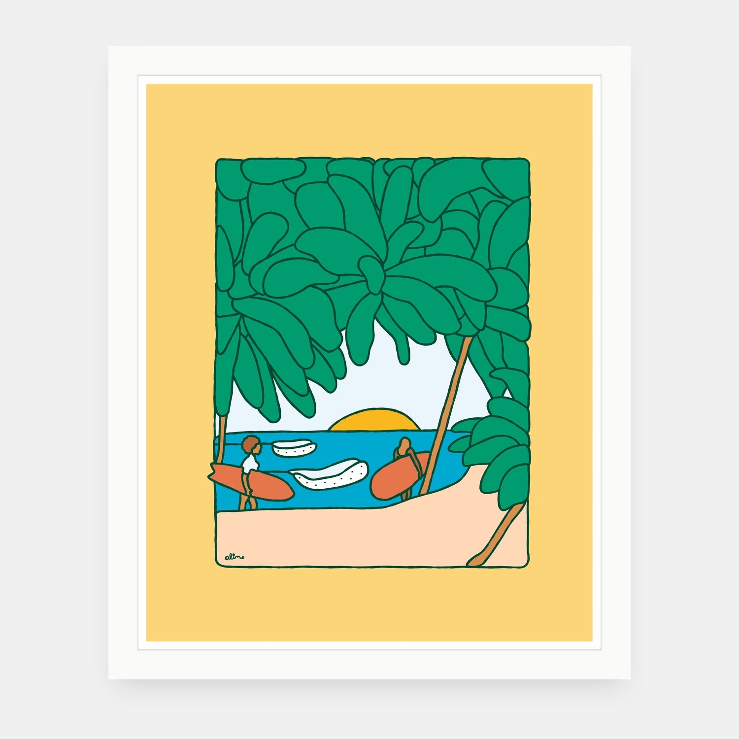 Early Ups art print by Alimo in white frame, morning surf illustration