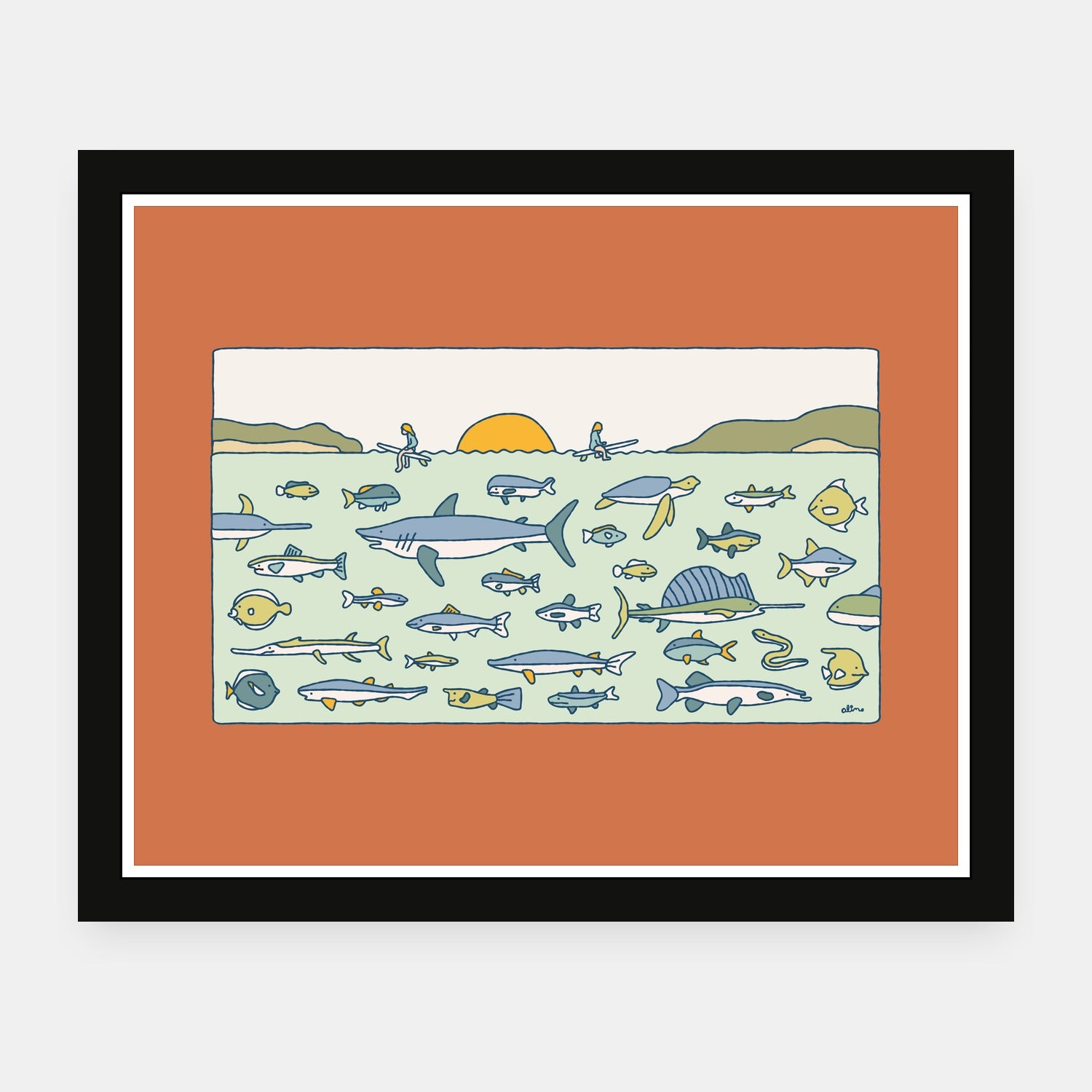 Earth Day art print by Alimo in black frame, environmental awareness scene