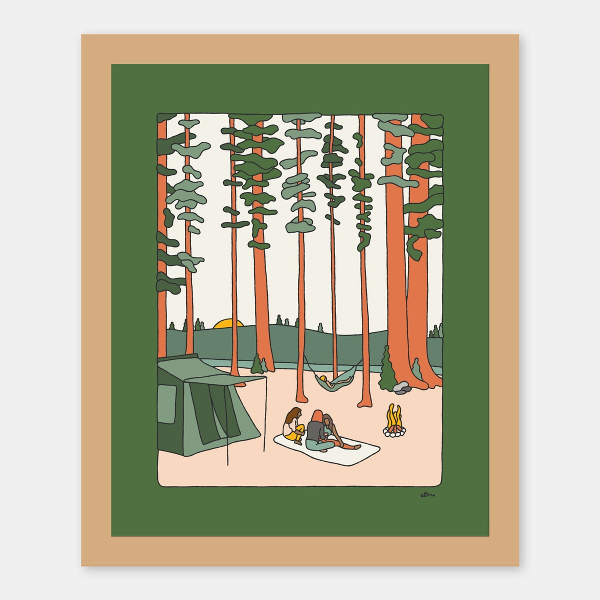 Evening Camps Alimo art print in a natural wood frame