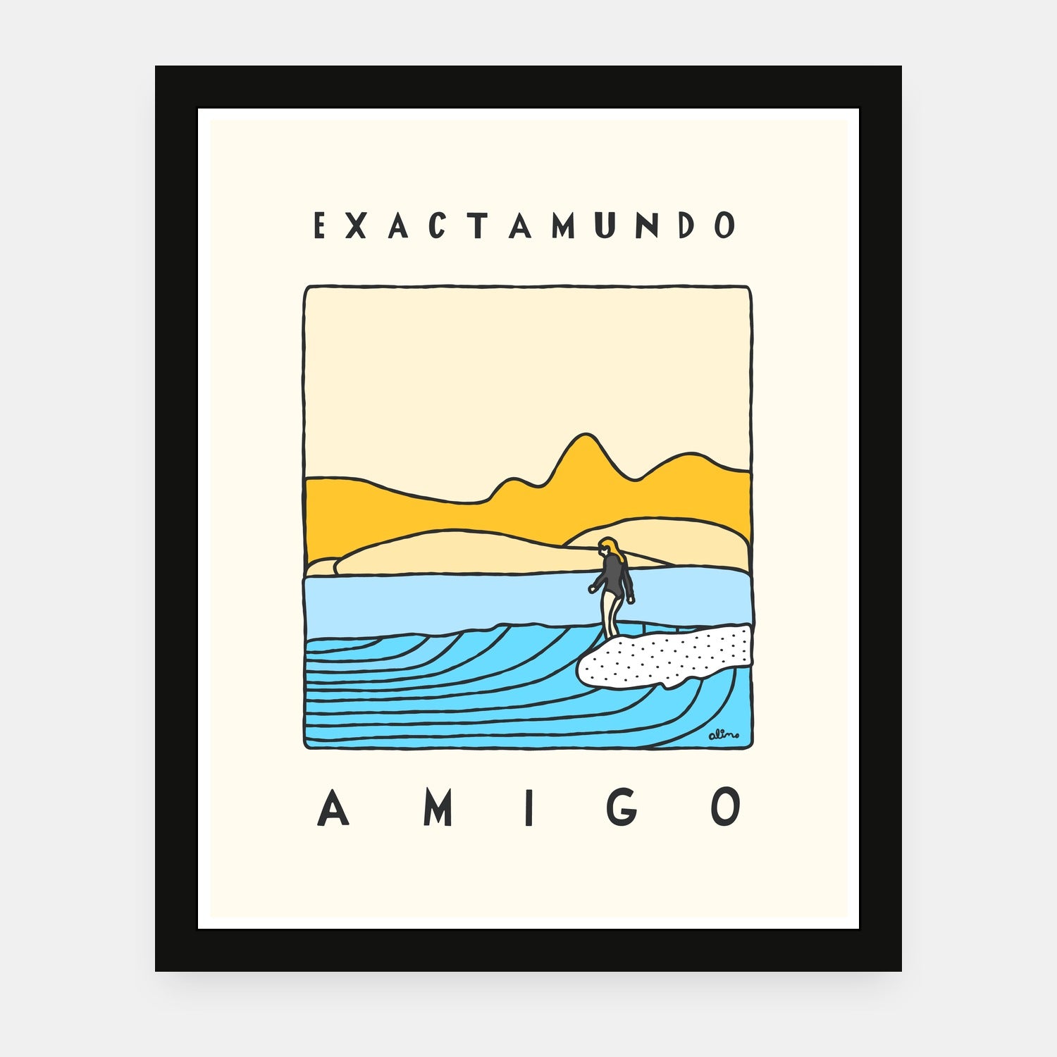 Exactamundo Amigo art print by Alimo in black frame, playful surf scene