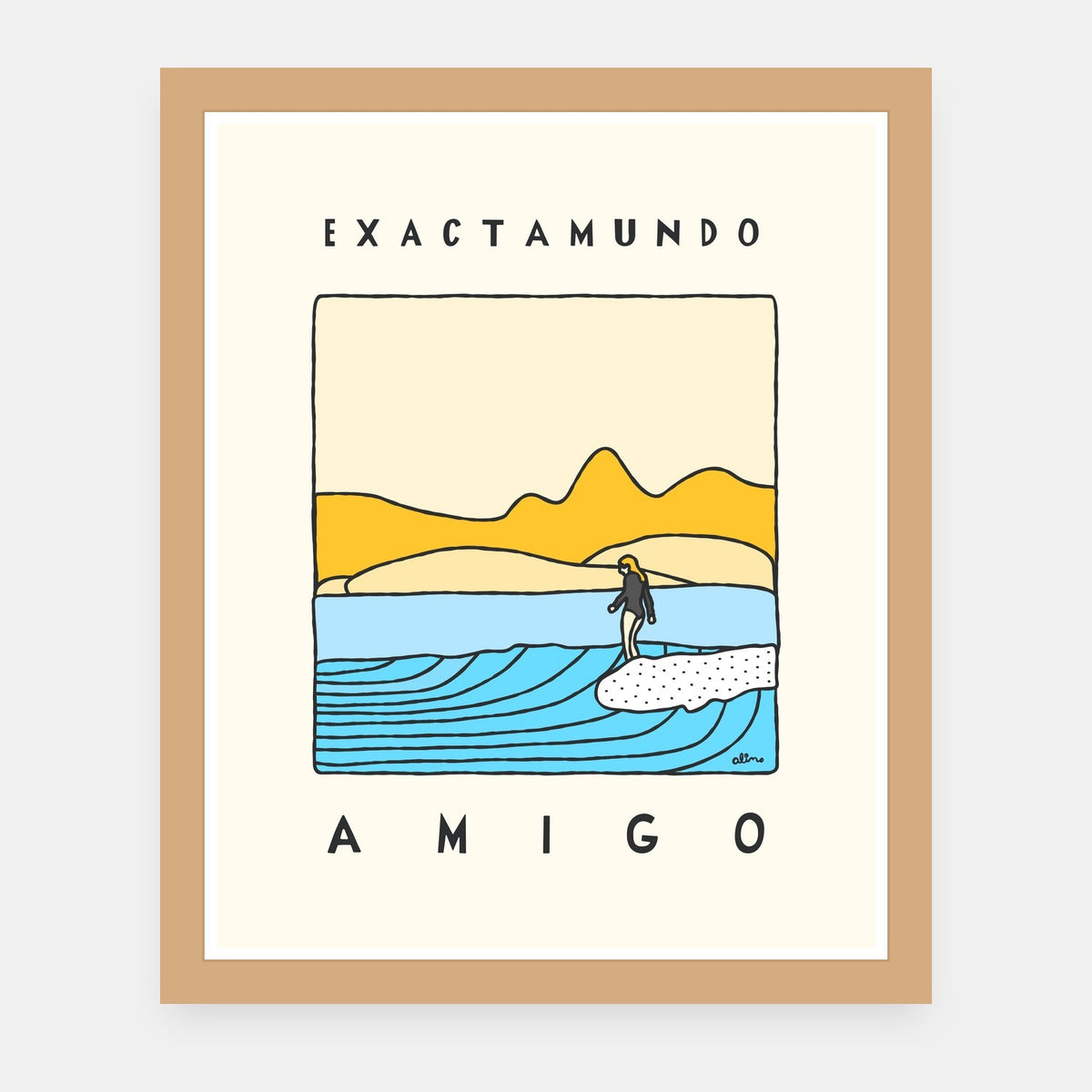 Exactamundo Amigo Alimo art print in a natural wood frame