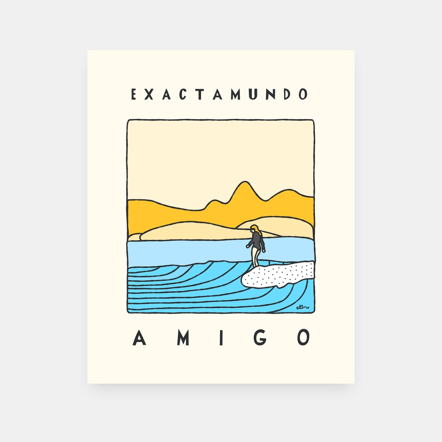 Exactamundo Amigo surf art print by Alimo, colorful friendship scene