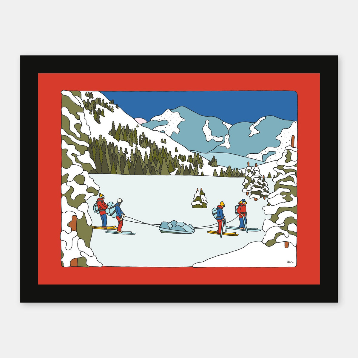 Expedition art print by Alimo in black frame, snowboarding wall art
