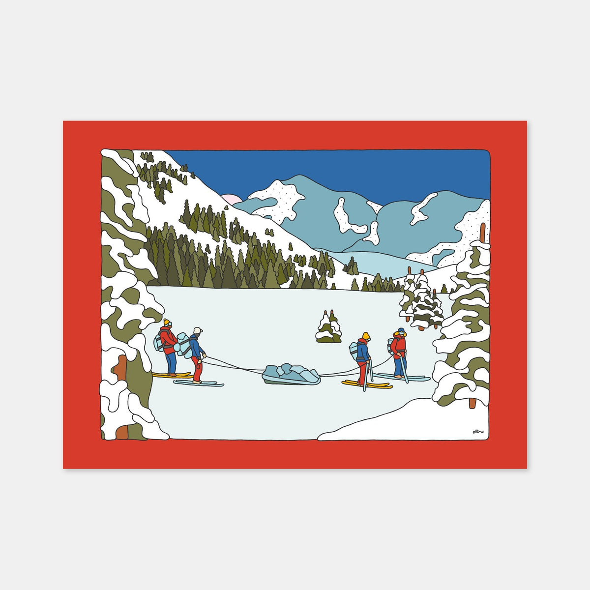 Expedition snowboard art print by Alimo, backcountry snowboarding illustration