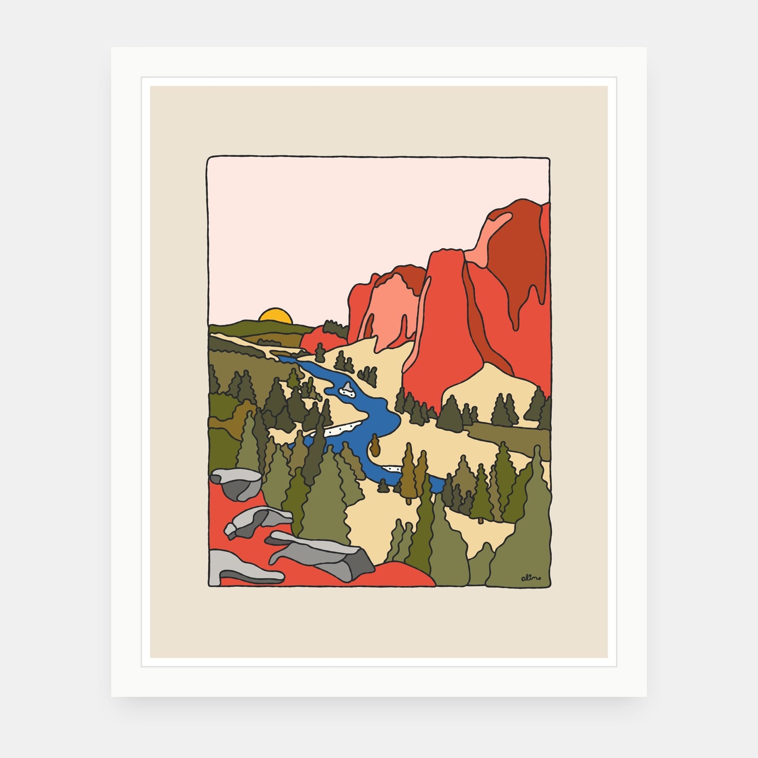Fall Air art print by Alimo in white frame, autumn hiking illustration