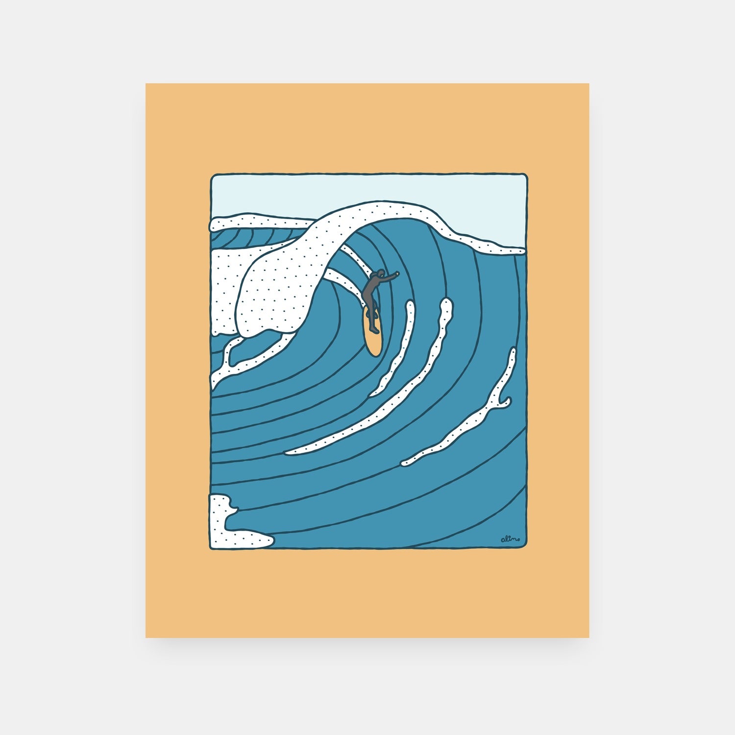 First Swell surf art print by Alimo, ocean wave season scene in bold colors