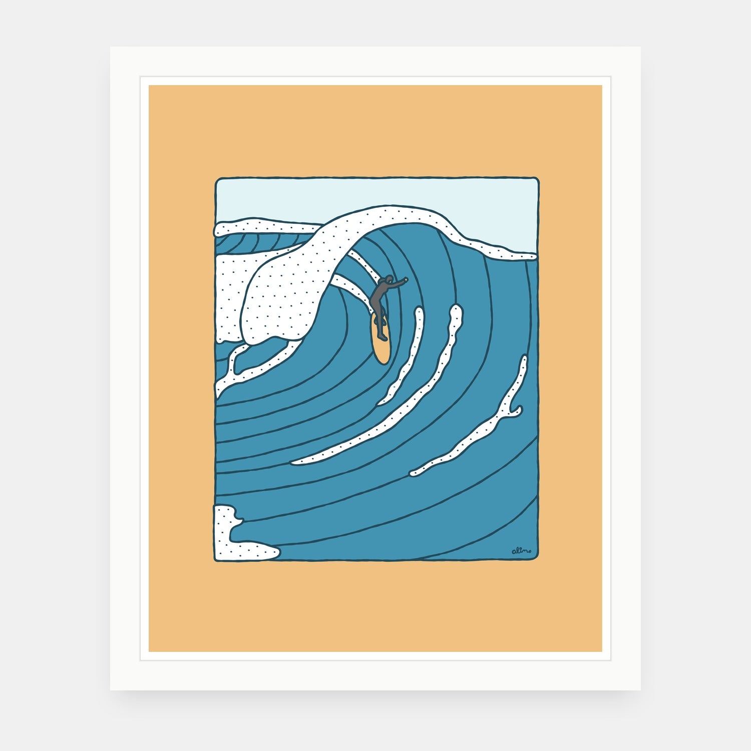 First Swell art print by Alimo in white frame, surf anticipation illustration
