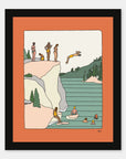 Free Dives art print by Alimo in black frame, river adventure scene