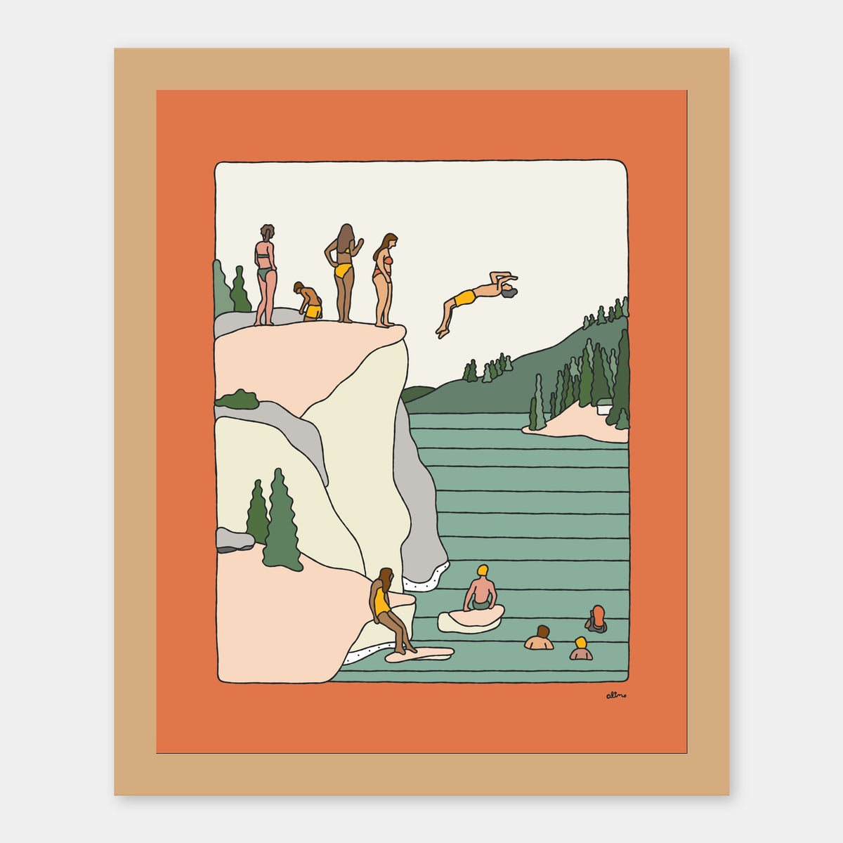 Free Dives Alimo art print in a natural wood frame