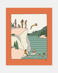 Free Dives outdoor art print by Alimo, colorful river cliff jumping scene