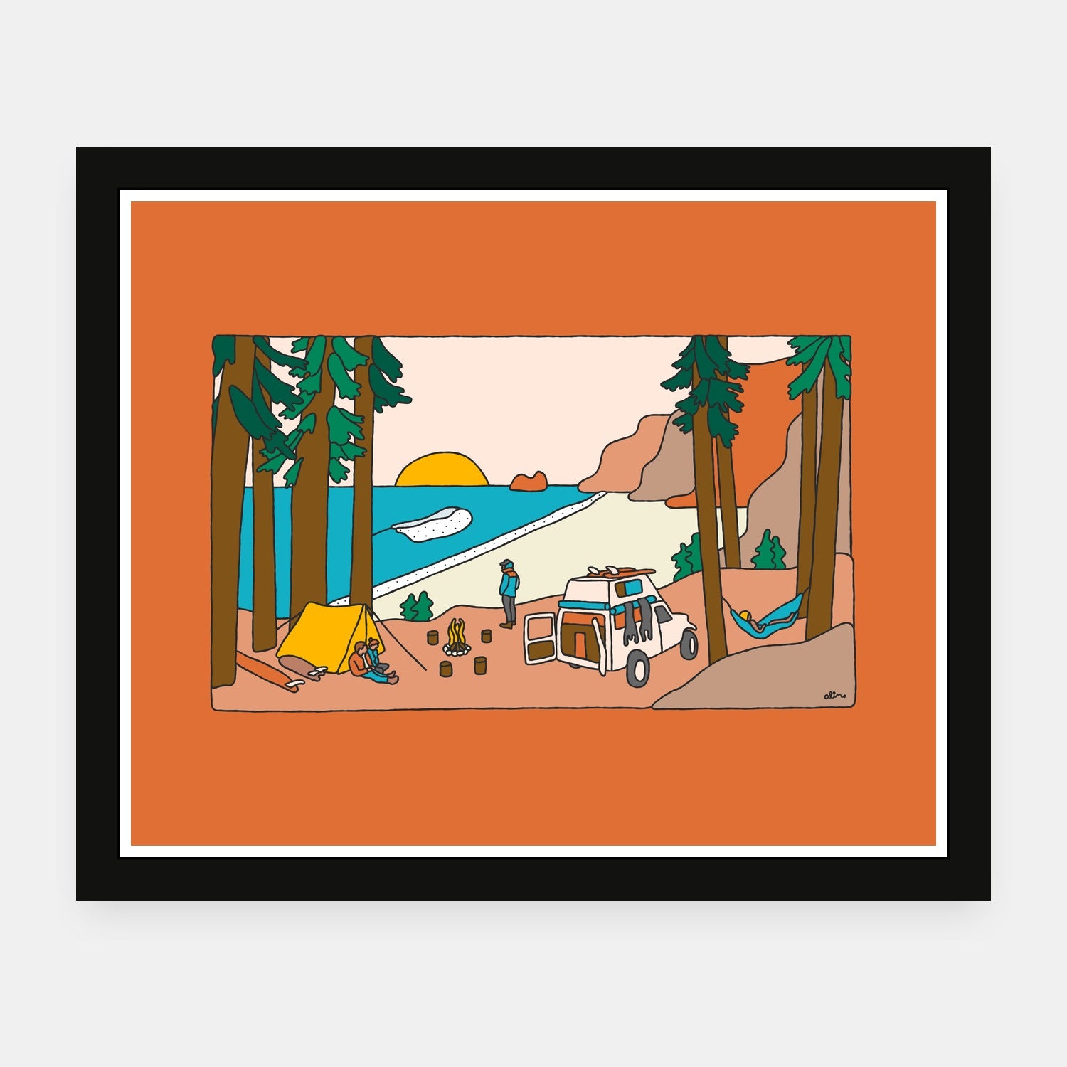 Getaway Weekend art print by Alimo in black frame, road trip adventure