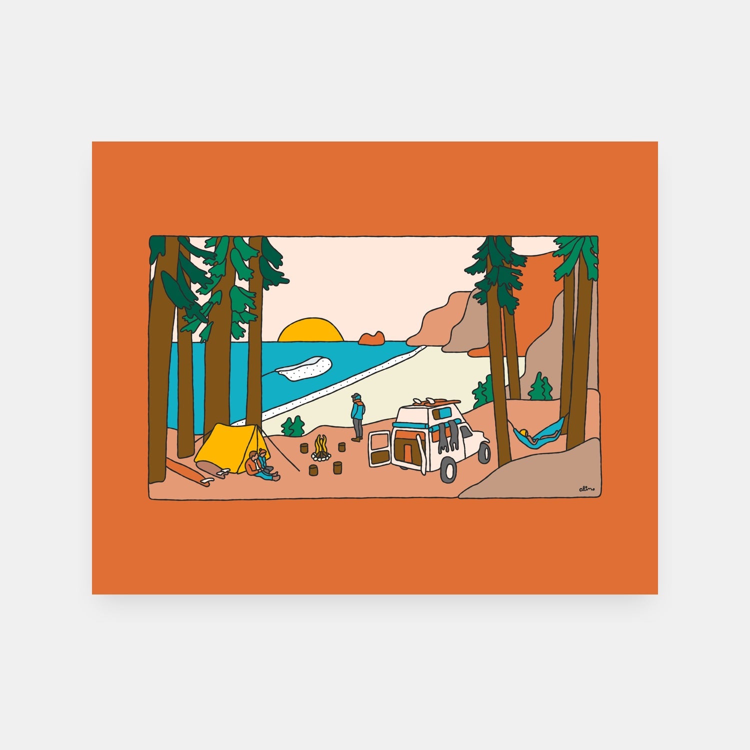 Getaway Weekend road trip art print by Alimo, colorful escape scene