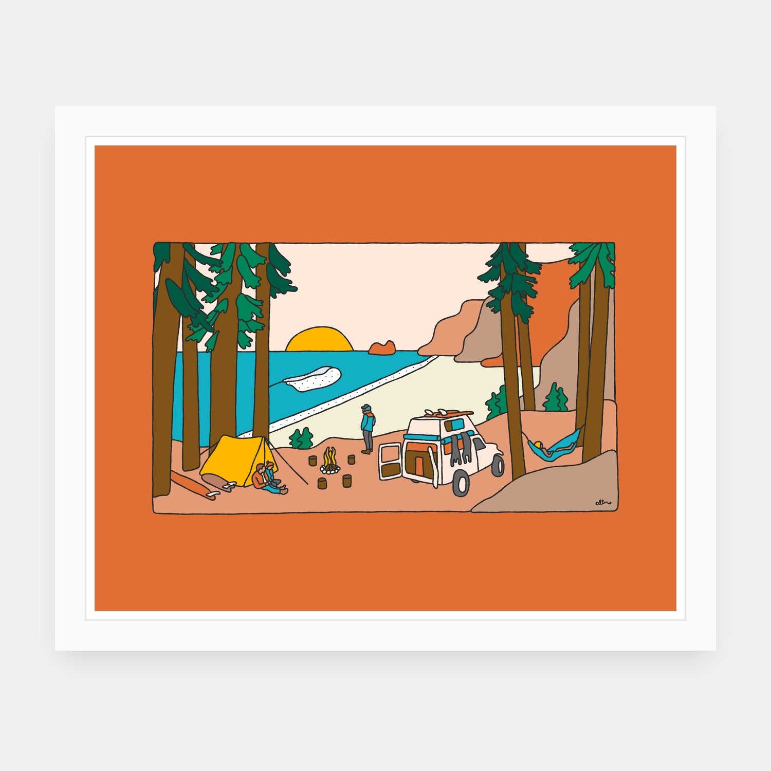 Getaway Weekend art print by Alimo in white frame, weekend escape illustration