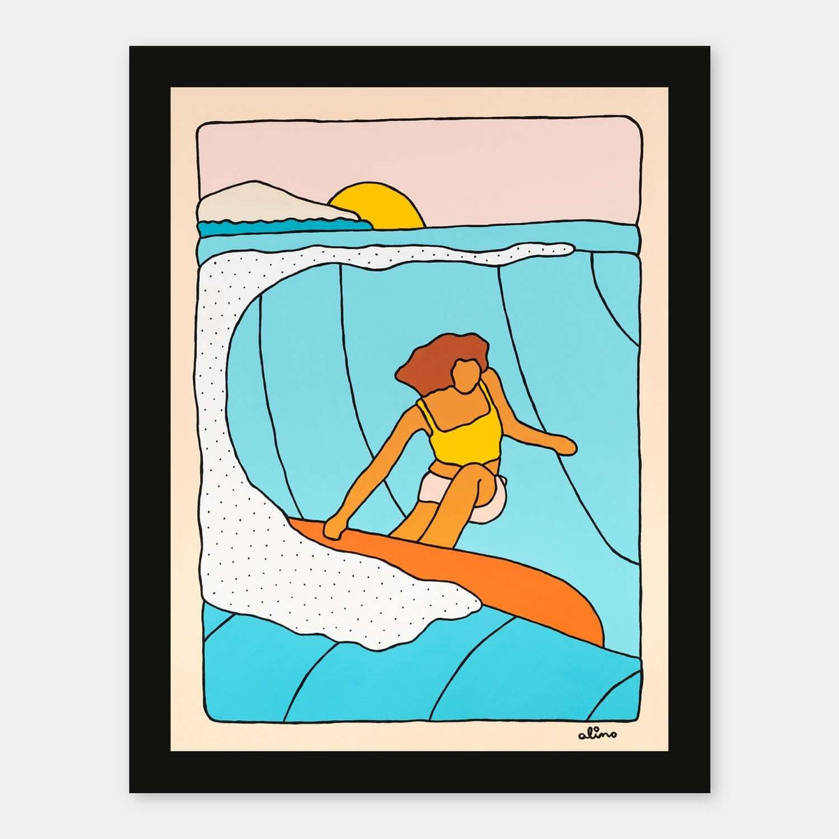 Golden Curls surf art print by Alimo in black wood frame, warm sun drenched curling waves. Ocean wall art for coastal home decor.