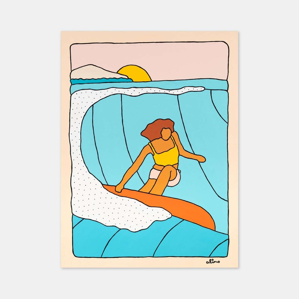 Golden Curls surf art print by Alimo, warm sun drenched curling waves. Premium ocean wall art for coastal home decor.