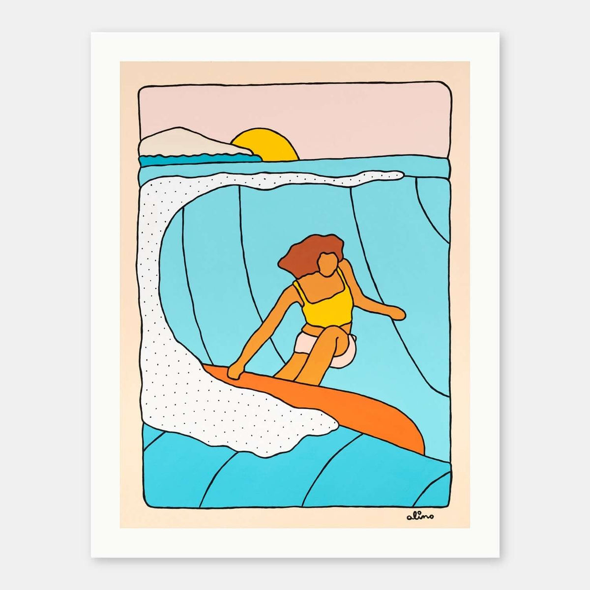 Golden Curls surf art print by Alimo in white wood frame, warm sun drenched curling waves. Ocean wall art for coastal home decor.