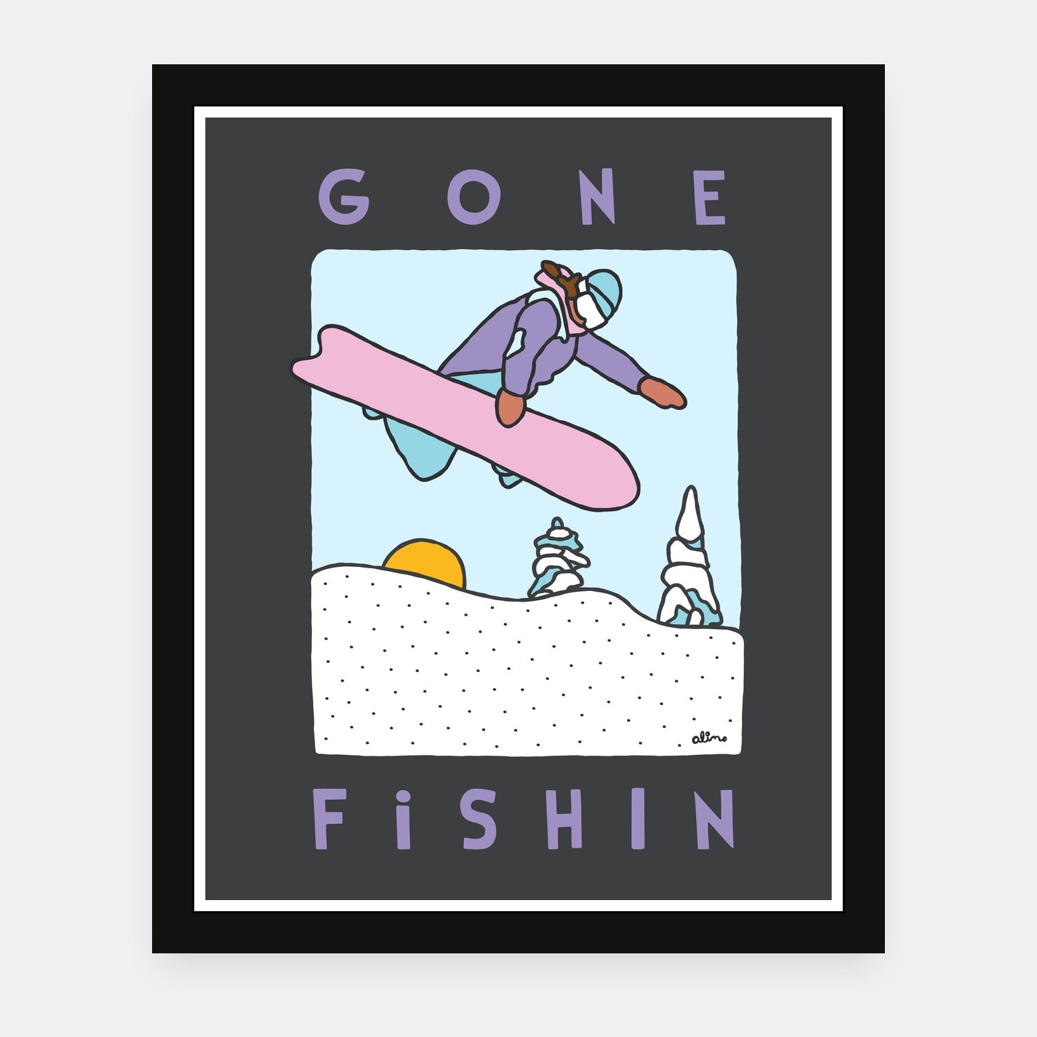 Gone Fishin art print by Alimo in black frame, nature lifestyle scene