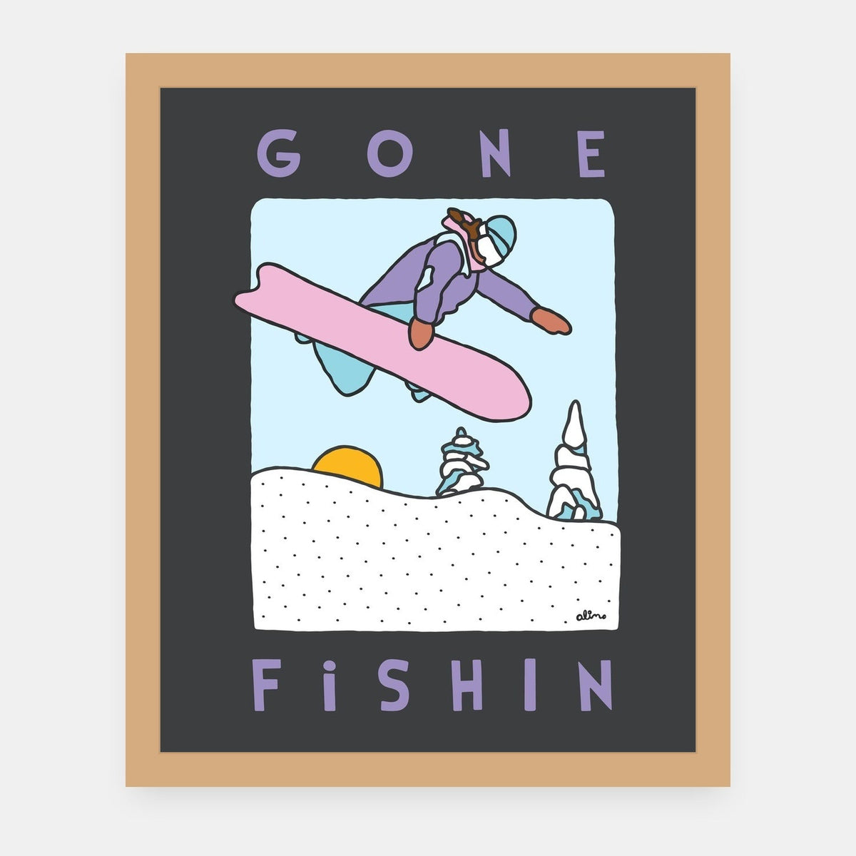Gone Fishin Alimo art print in a natural wood frame