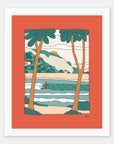 Jungle Tide art print by Alimo in white frame, tropical surf illustration