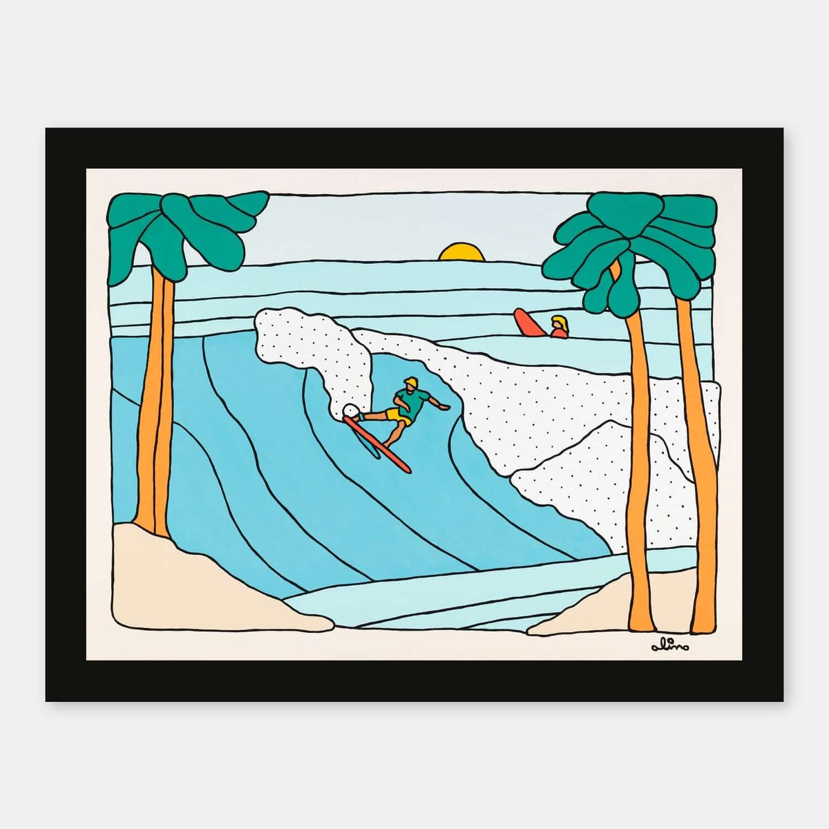 Makai Field surf art print by Alimo in black wood frame, a wide open Hawaiian ocean scene with rolling swells. Ocean wall art for coastal home decor.