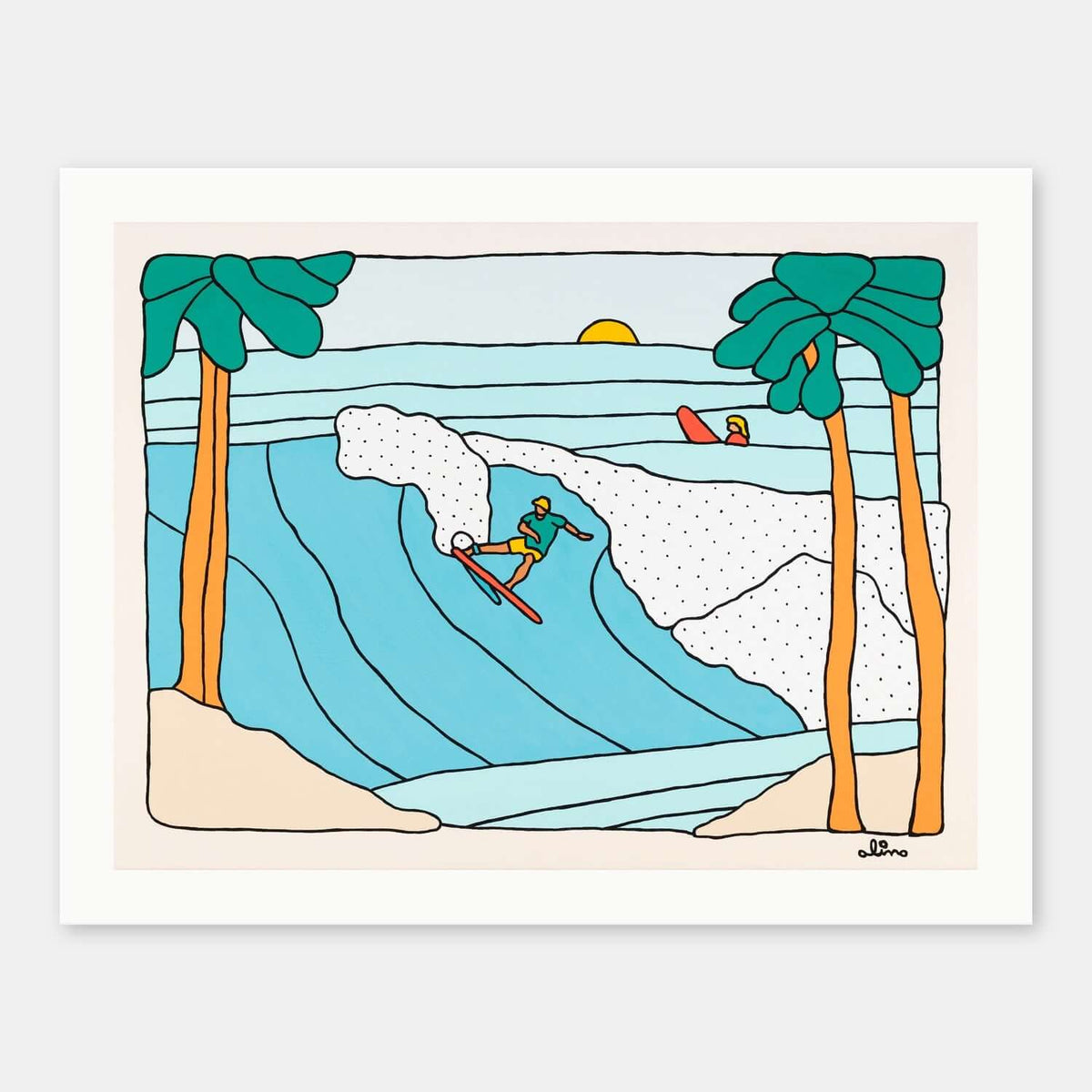 Makai Field surf art print by Alimo in white wood frame, a wide open Hawaiian ocean scene with rolling swells. Ocean wall art for coastal home decor.