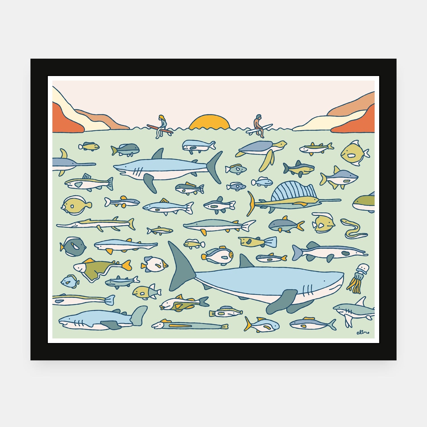 Marine Life art print by Alimo in black frame, marine ecology scene