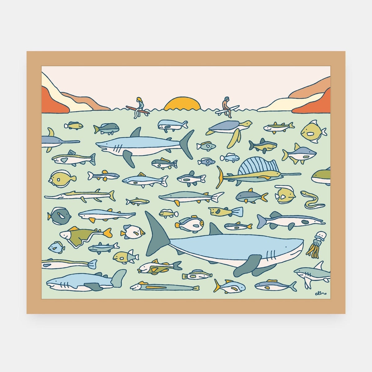 Marine Life Alimo art print in a natural wood frame