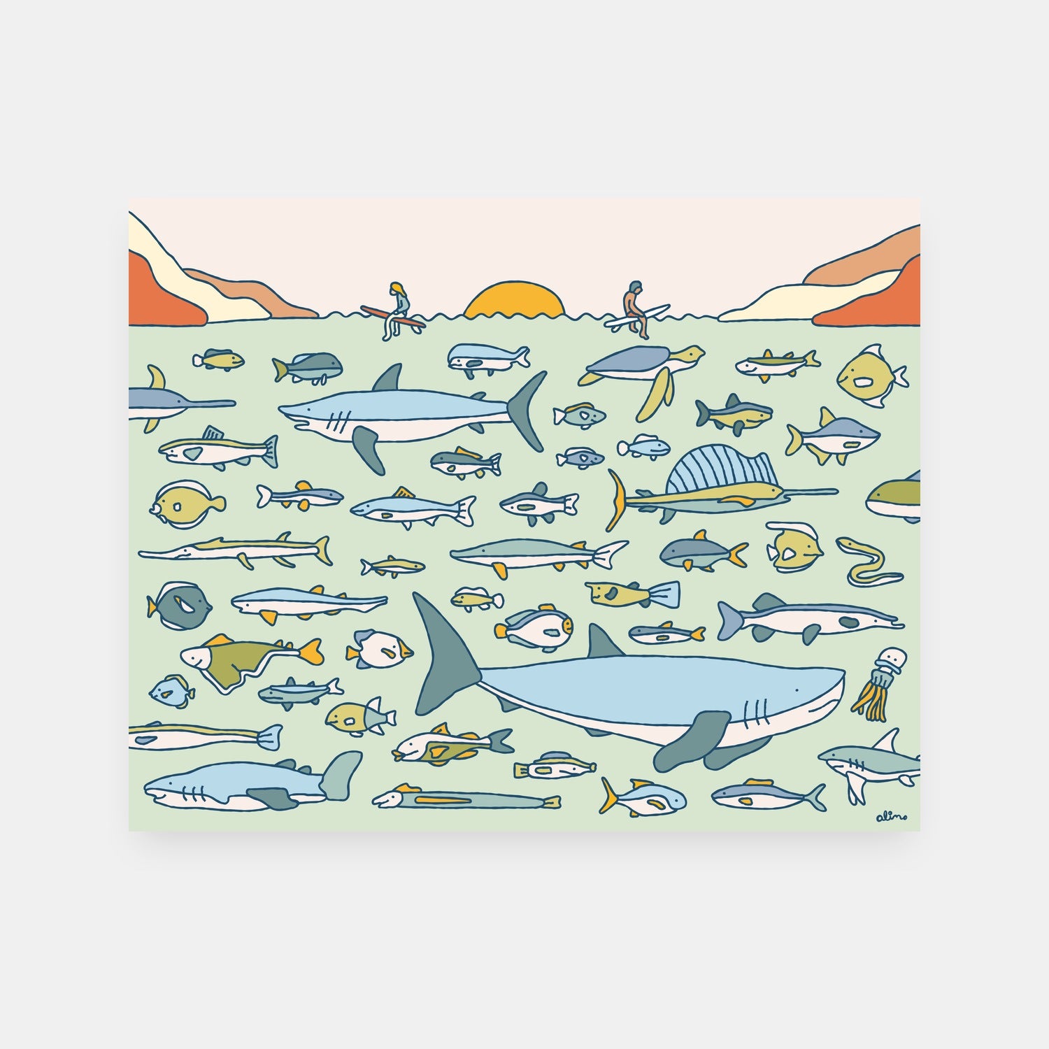 Marine Life ocean art print by Alimo, colorful sea creature and ocean scene