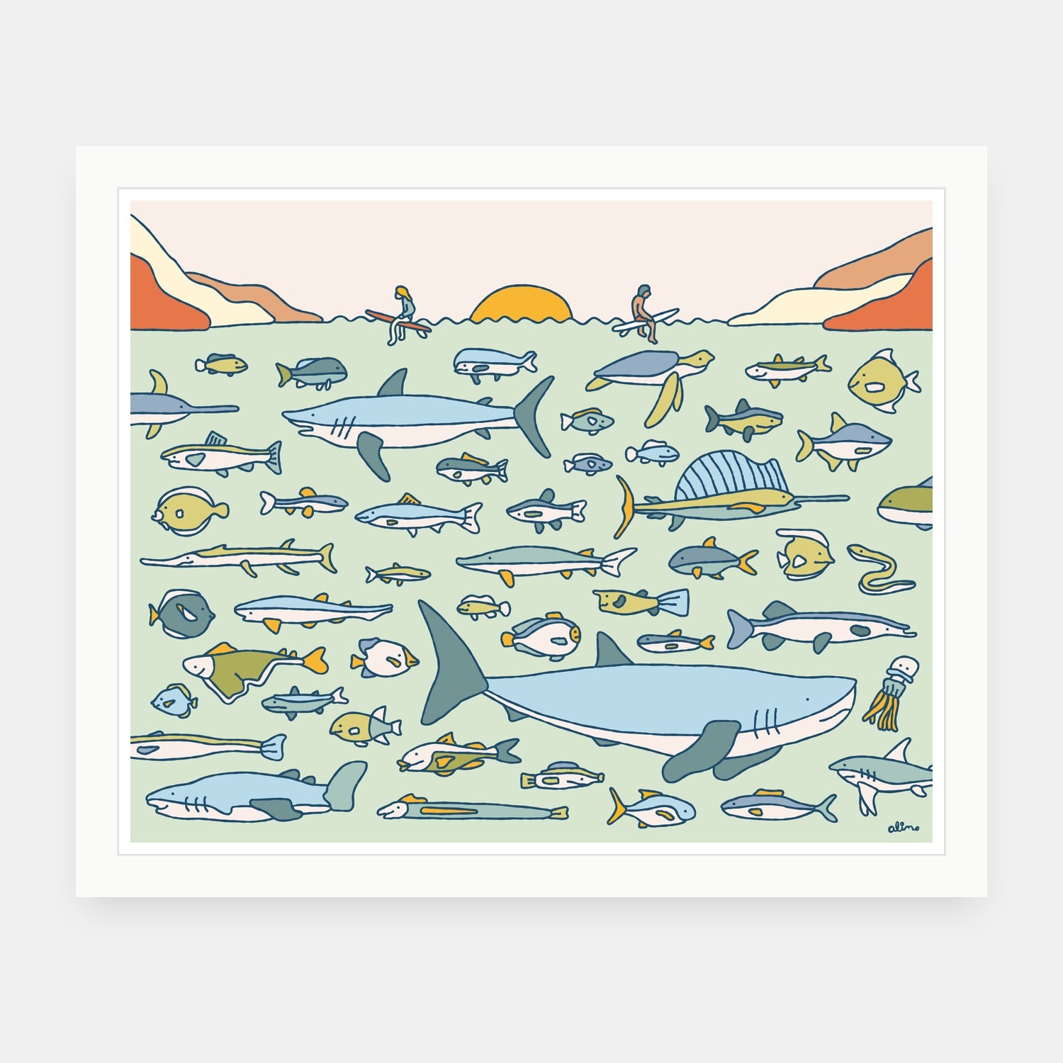 Marine Life art print by Alimo in white frame, ocean conservation illustration