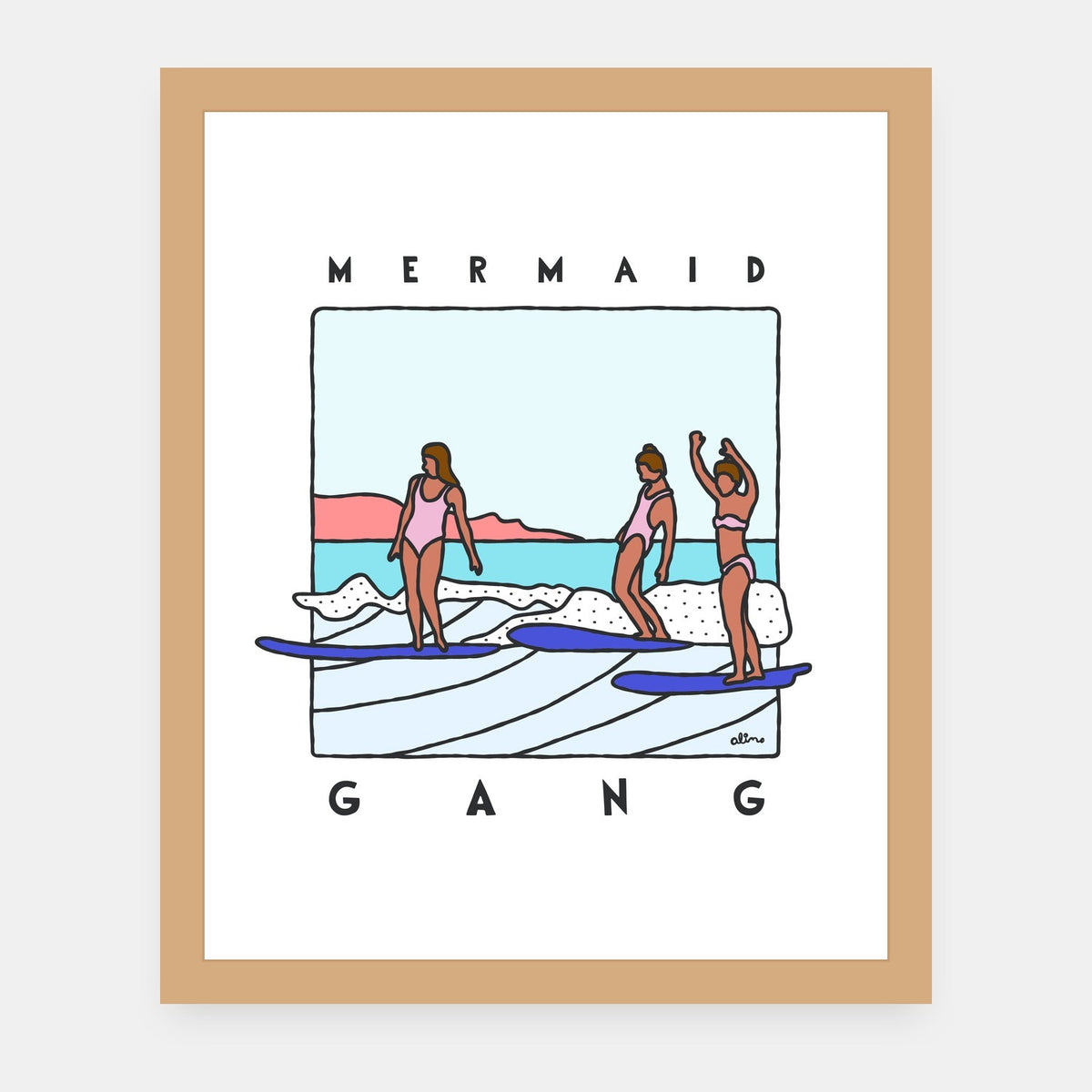 Mermaid Gang Alimo art print in a natural wood frame