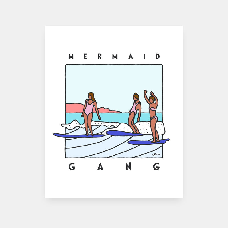 Mermaid Gang surf art print by Alimo, colorful ocean mermaid scene