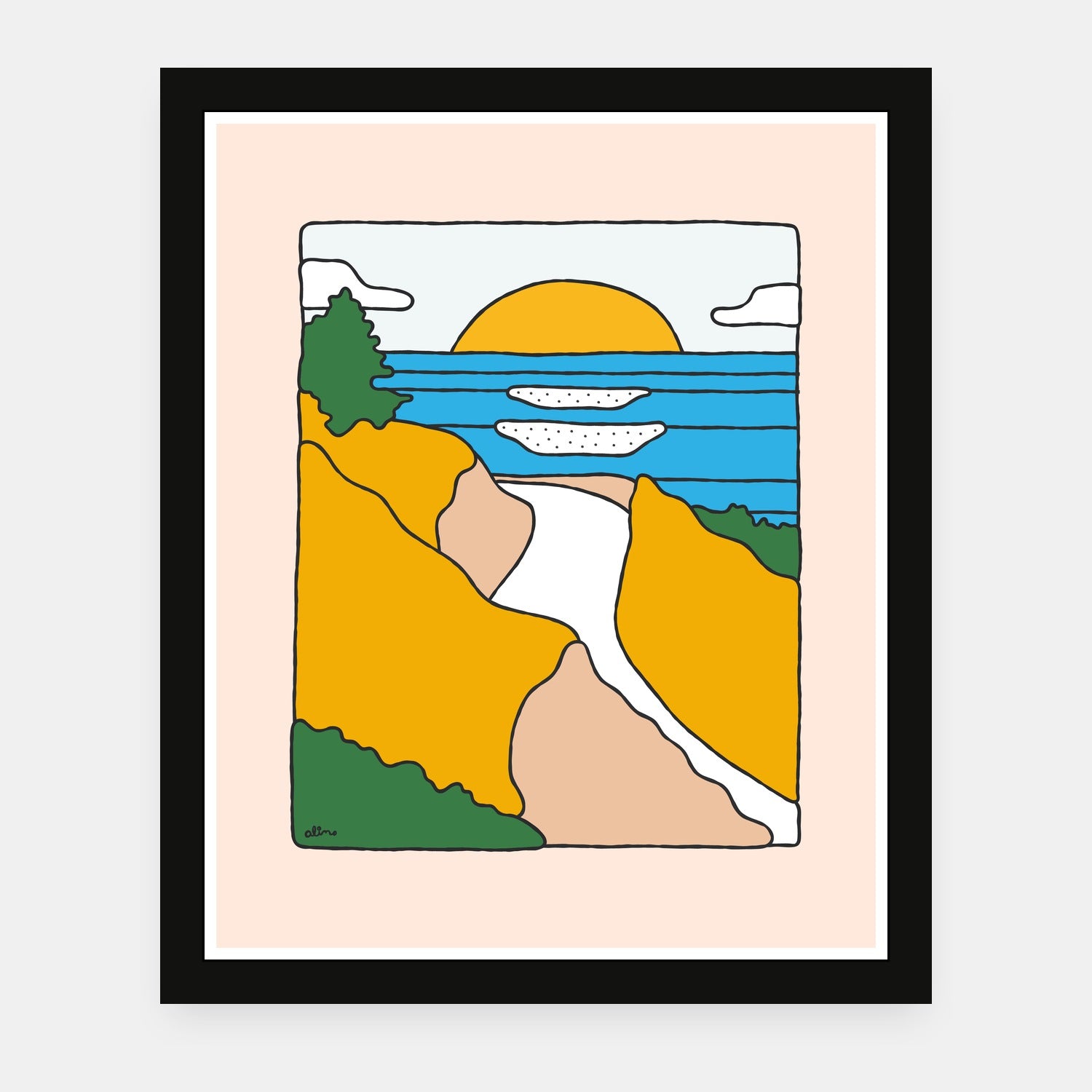 Mountains to Sea art print by Alimo in black frame, surf and snow scene