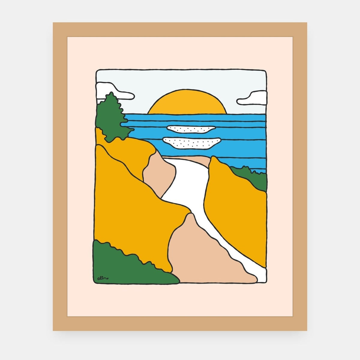 Mountains to Sea Alimo art print in a natural wood frame
