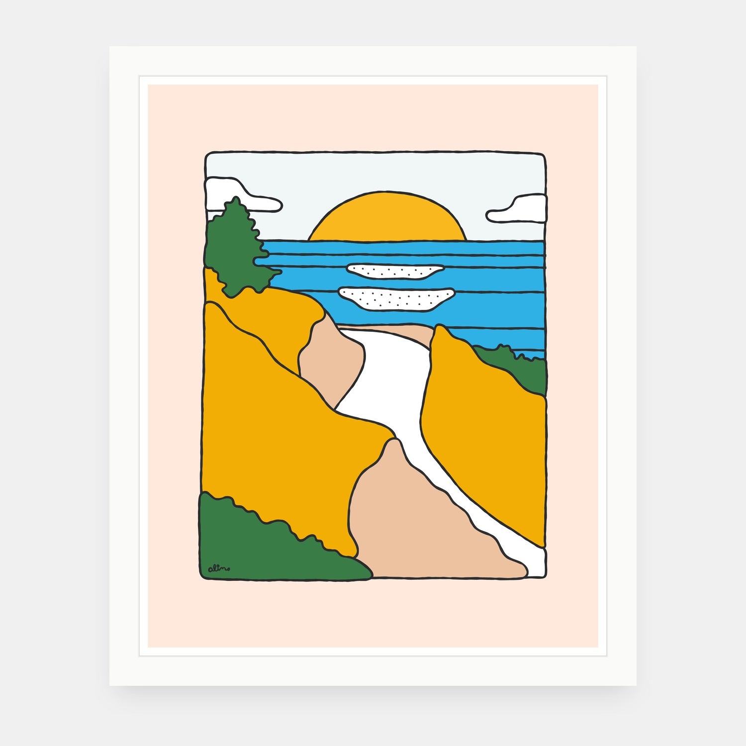 Mountains to Sea art print by Alimo in white frame, nature balance illustration